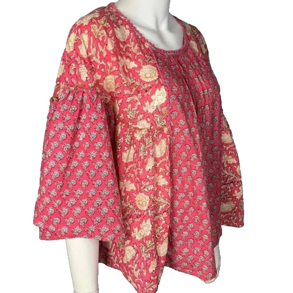 Rachel Zoe Pink Boho Top Medium Block Print India Cotton Gauzy - Picture 2 of 5
